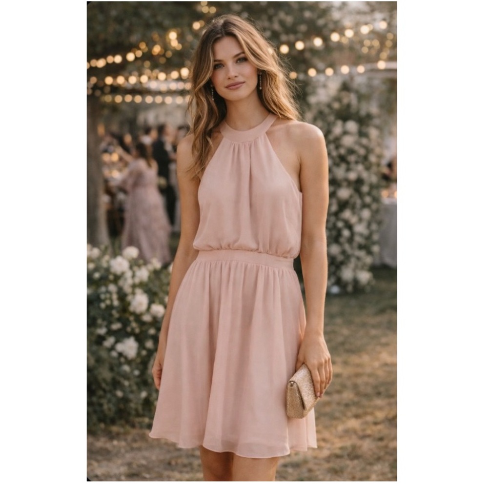 🍭Blush Pink Halter Dress Prom Wedding Guest Flowy Romantic Sleeveless NWT 10